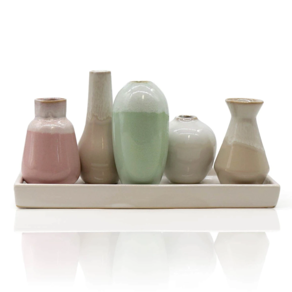 5 Väschen bauchig auf Tablett aus Keramik mehrfarbig klein