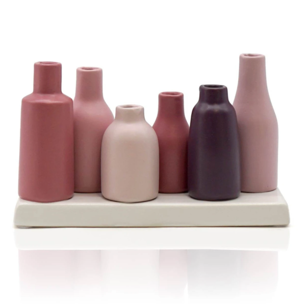 6 Väschen "Flaschen" auf Tablett aus Keramik in Rottönen